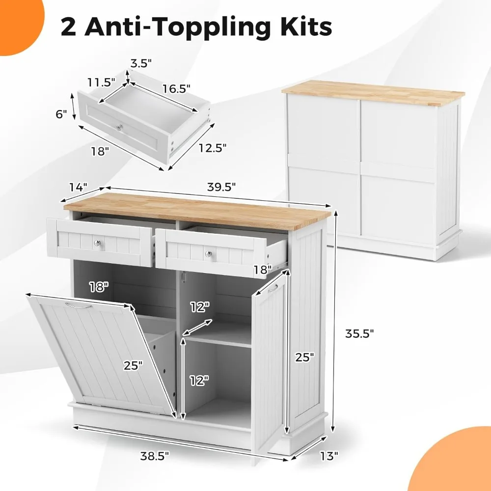 Tilt Out Trash Cabinet, Kitchen Island with 2 Drawers & Adjustable Shelf, Recycle Bins Pet Proof Garbage Can Holder 3