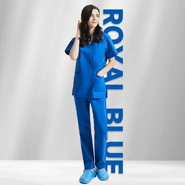 High Quality V-neck Scrub Tops Beauty Salon Nursing Elastic Waist Pants Unisex Breathable Surgery Uniform Medical Accessories Royal Blue