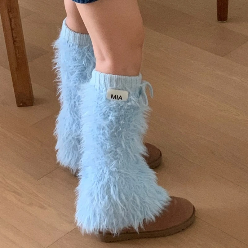 Womens Y2K Girls Winter Furry Leg Warmer wtih Drawstring Furry Plush Boot Cover T8NB