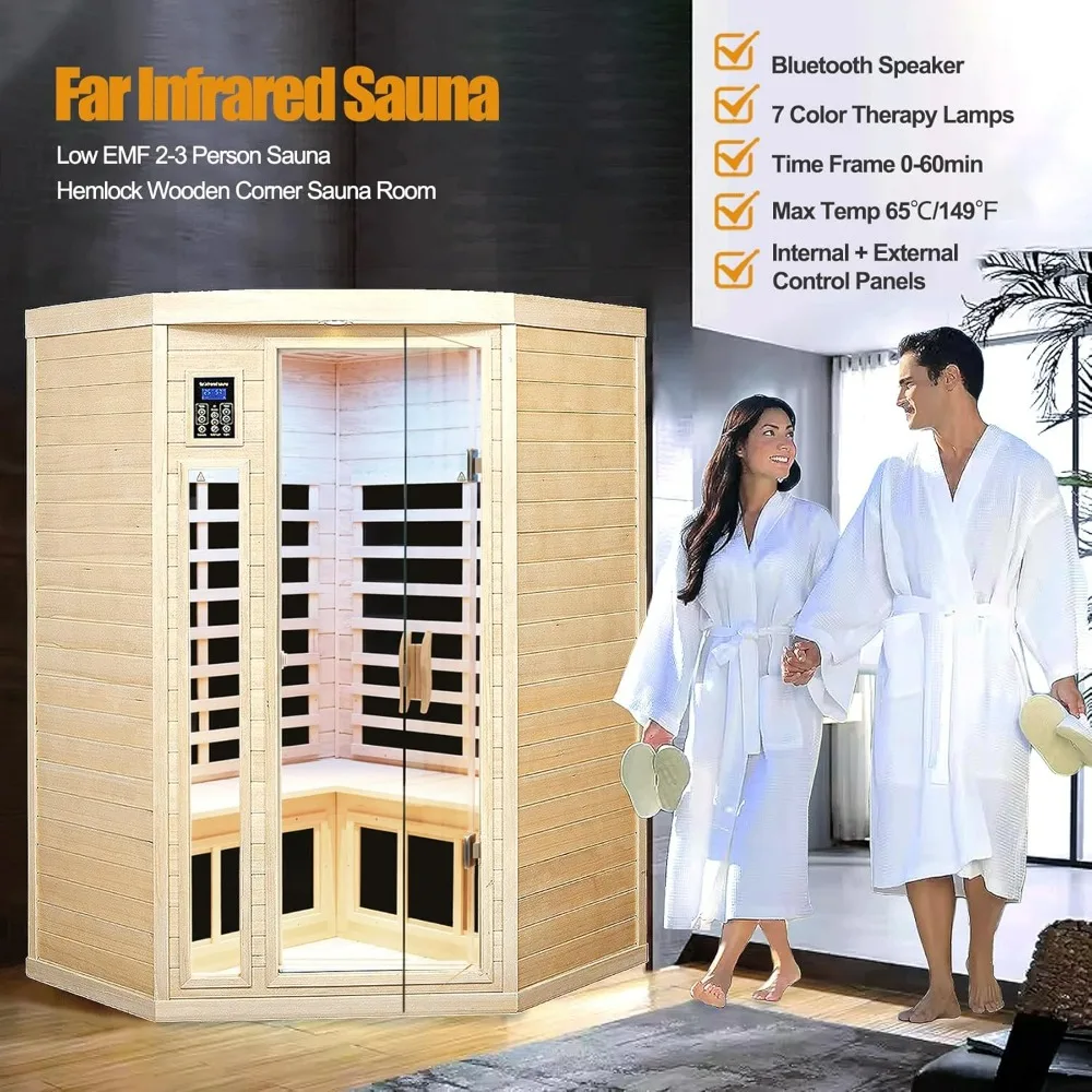 Far Infrared Wooden Sauna Room, 2-3 Person Home Sauna, Canadian Hemlock Indoor Corner Sauna Spa, 7 Low EMF Heaters, 2 Bluetooth 2