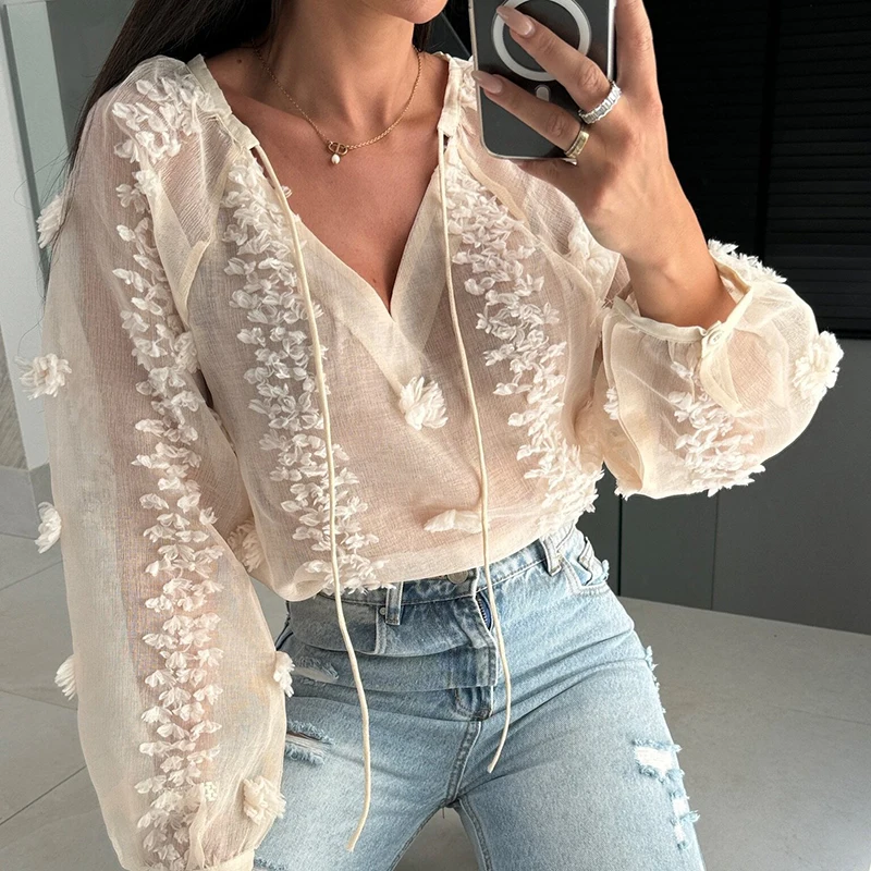 

Sexy Deep V-neck Long Sleeve Blouse 2024 Elegant Jacquard See-through Lace-up Pullover Tops Women Casual Solid Loose Shirt Blusa