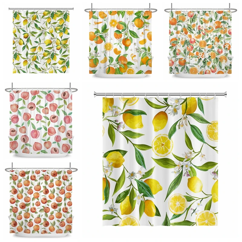 FruitShowerCurtainYellowLemonPeachOrangeGreenLeavesBathing