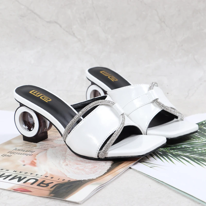 Summer New Fashion Round with Flip-flops Square Head Rhinestones Large Size High Heel Lady's Slippers Shoes Women 2022