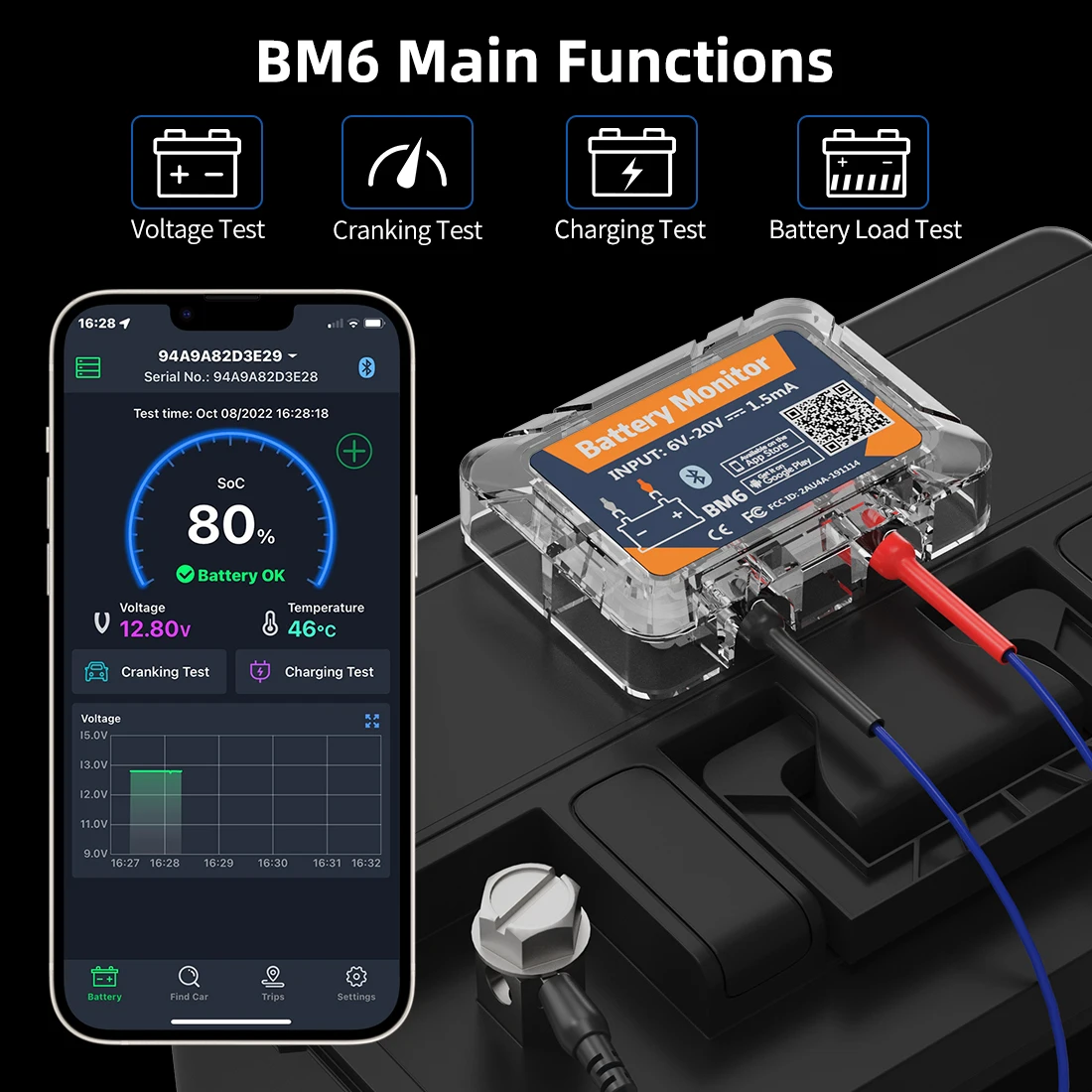 QUICKLYNKS BM6 Bluetooth 4.0 Car Battery Monitor 12V Battery Tester Charging Cranking Test Battery Analyzer APP for Android IOS 2