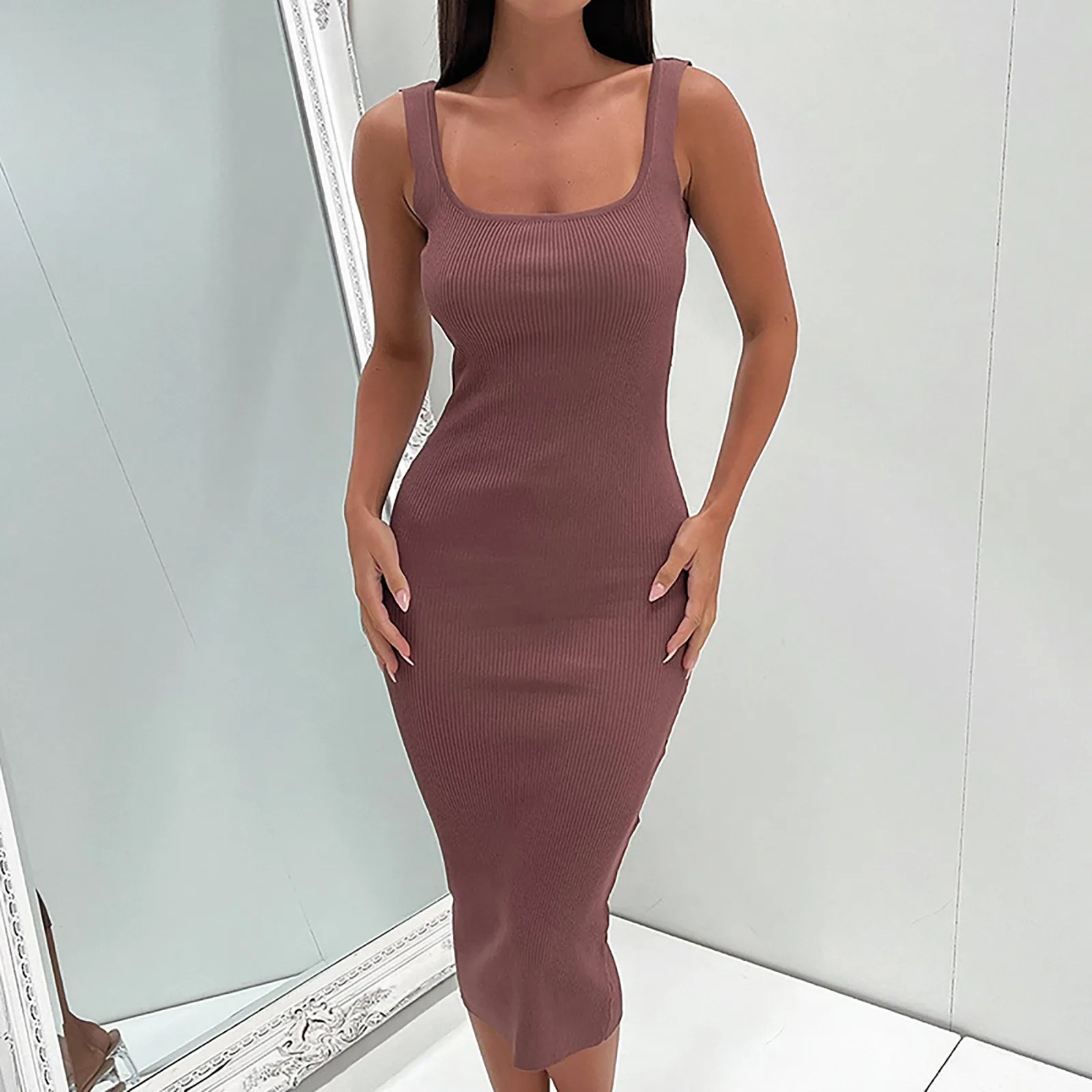 

Women's Sexy Hollow Out Backless Wide Shoulder Strap Dress Fashion Square Neck Sleeveless Dress Ribbed Slim Package Hip Skirt