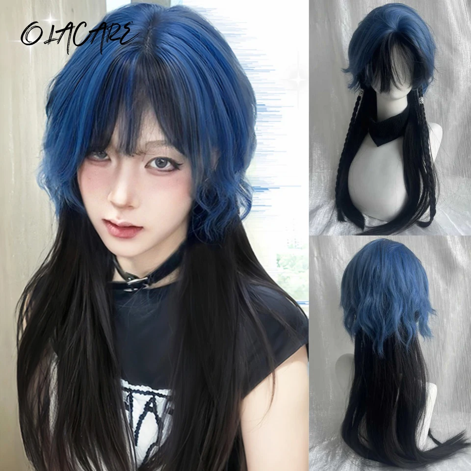 Black Blue Synthetic Straight Wig with Bangs for Women Cosplay