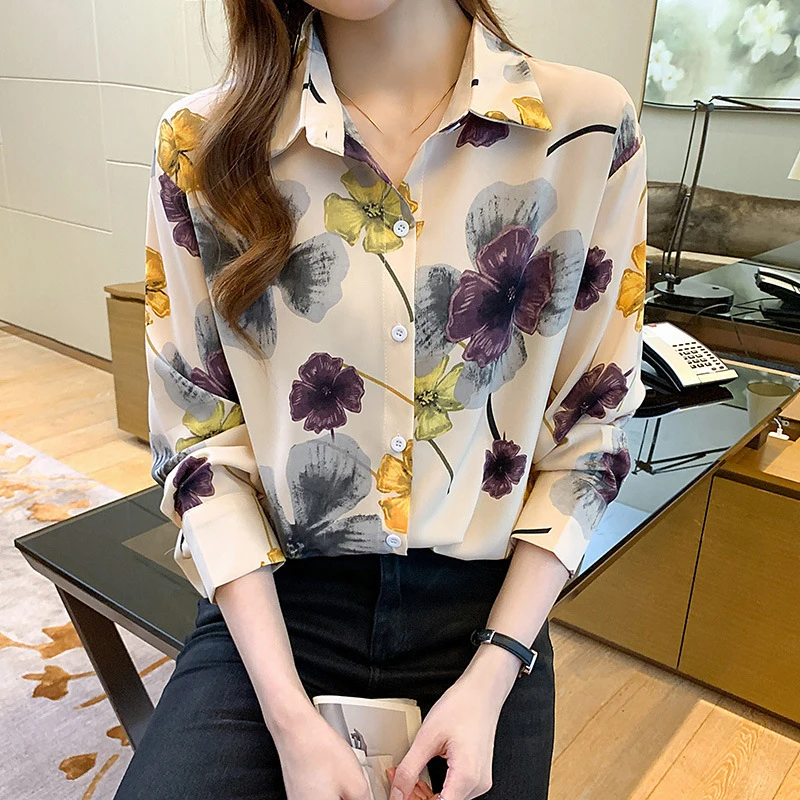 

Summer Long Sleeve Office Wear Women Chiffon Elegant Female Blouses Flower Print Long Sleeve Shirt S-XL Camisa Feminina