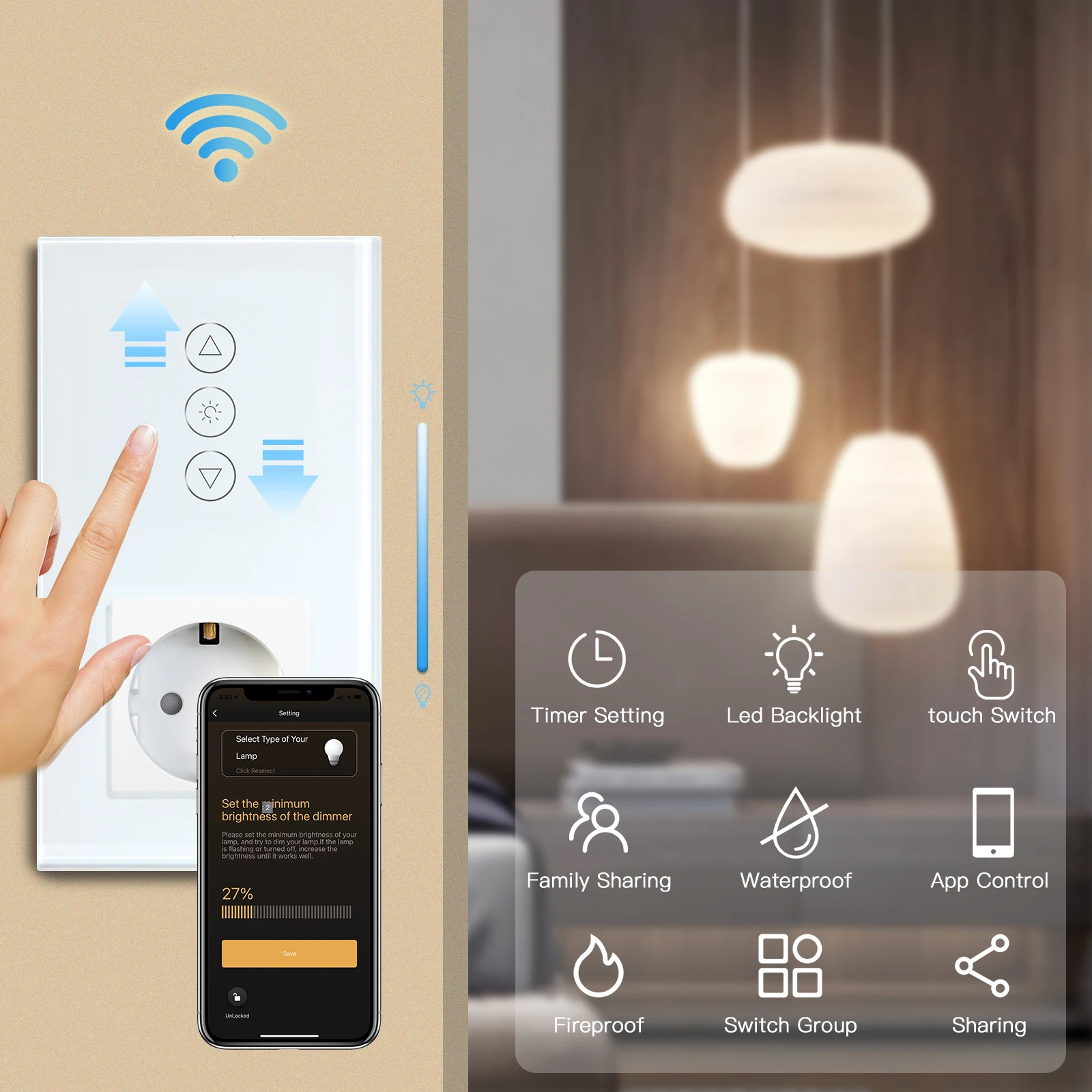 BSEED Wifi 조광기 터치 스위치 센서 스위치 벽 스위치 Wifi 16A 없는 EU 전원 소켓으로 스마트 라이프 Tuya App 제어