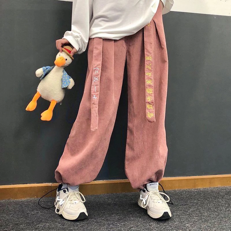 

Corduroy Loose Wide Leg Pants Women High Waist Bandage Embroidery Pants Spring Hip Hop Female Fashion Streetwear Trousers New