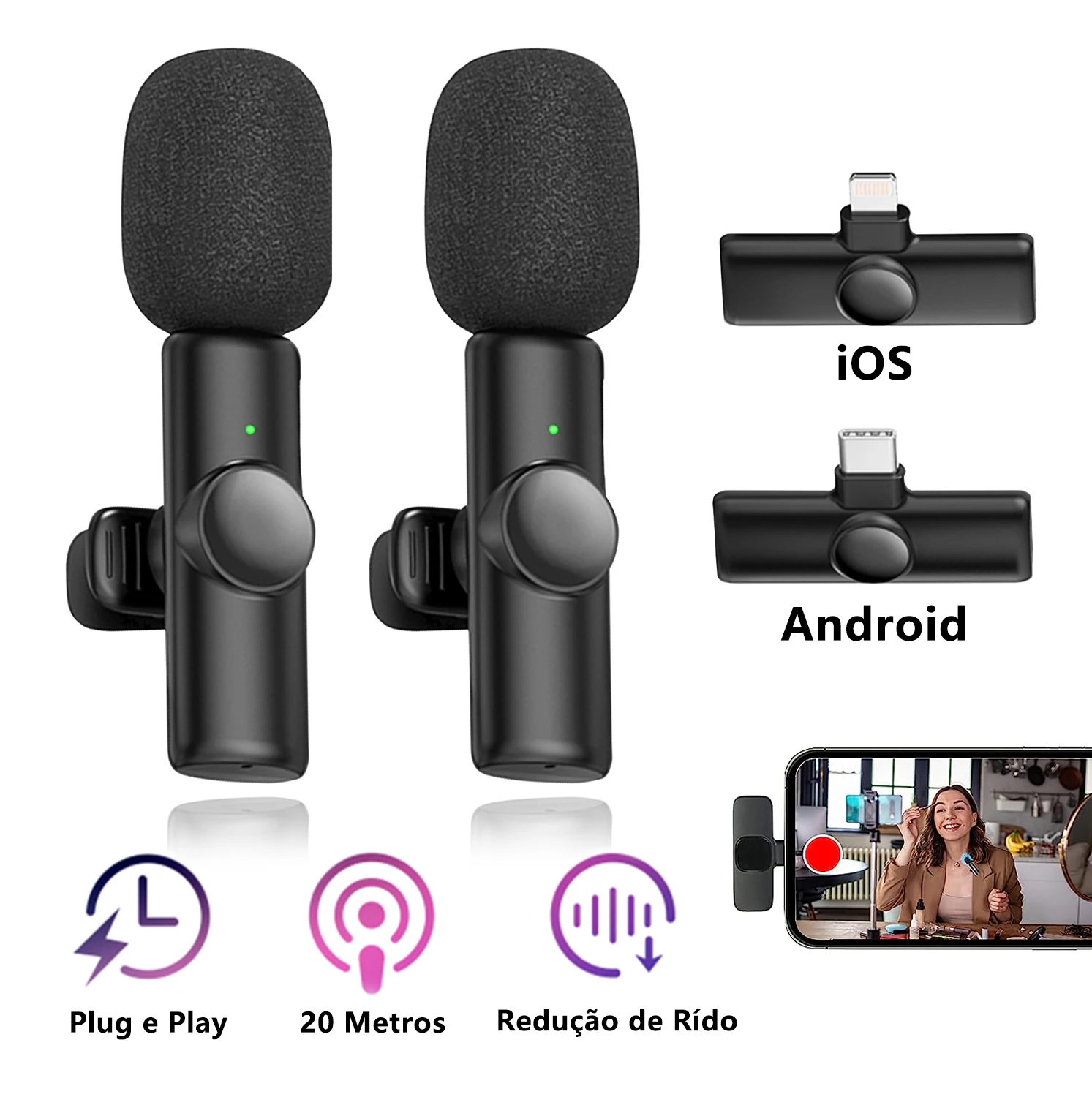 2Peças Microfone de Lapela Sem Fio para iPhone, iPad, Plug-play para Gravação de vídeo de Telefone iOS Android, Entrevista/Vlog