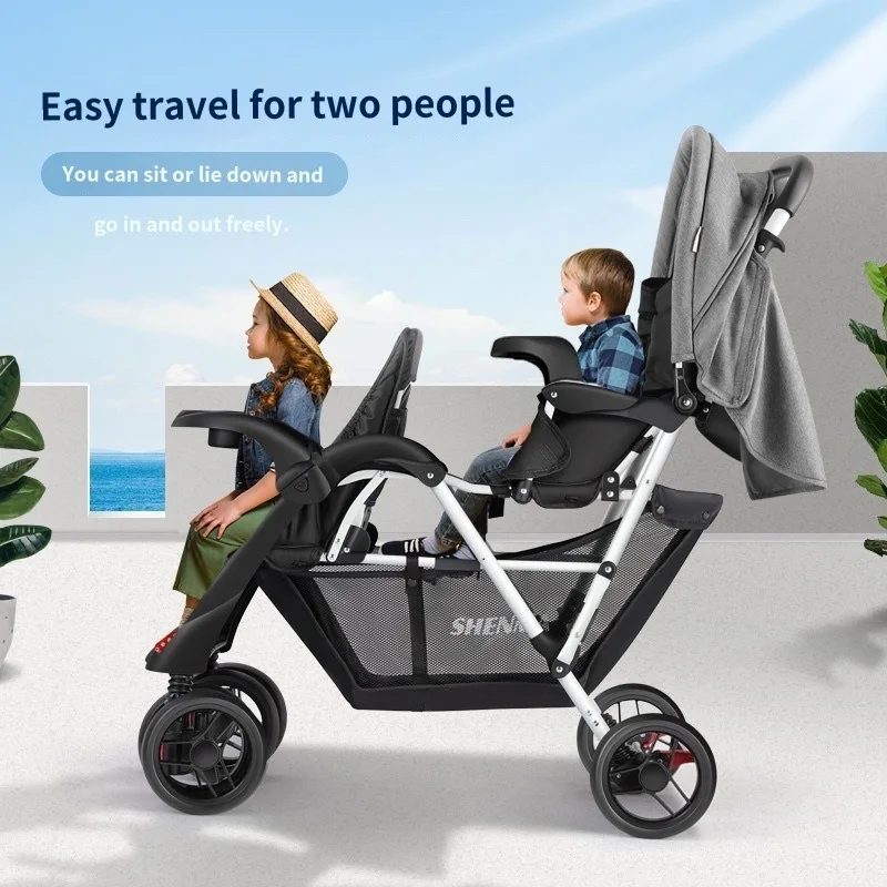 Lightweight Folding Double Two-seater Strollers for Front and Rear Baby Trolley for Reclining Twin Strollers Newborn Prams