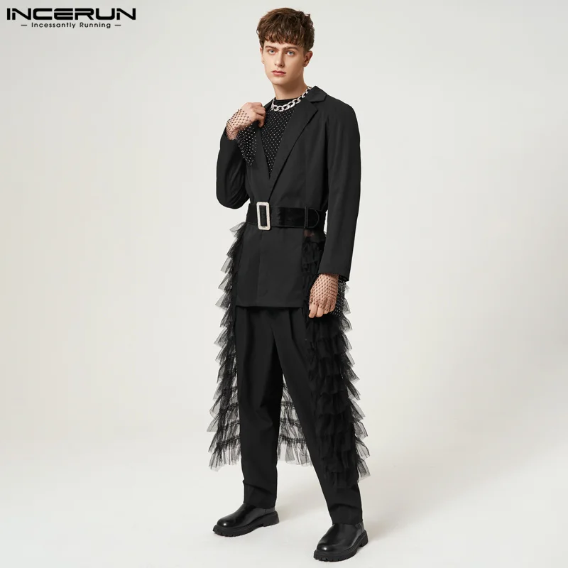 

2023 Fashion Men Blazer Mesh Patchwork Lapel Long Sleeve One Button Irregular Blazer Streetwear Party Casual Suits S-5XL INCERUN