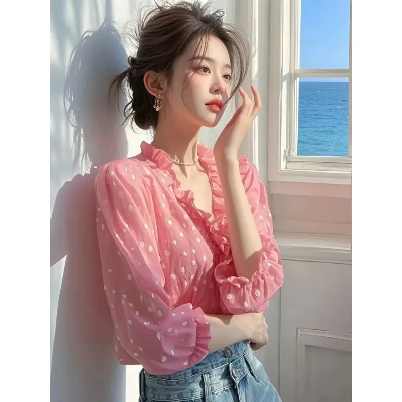 여름 신상 올 매치 우아한 폴카 도트 V넥 쉬폰 셔츠, 디자인 감각이 돋보이는 여성용 니치 스프링 탑
