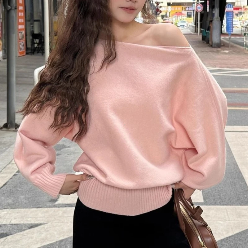 Batwing Long Sleeve Knitted Pullover Women 380g Thick Off Shoulder Top Korean Fashion Sweater Loose Casual Autumn Outwear Pull