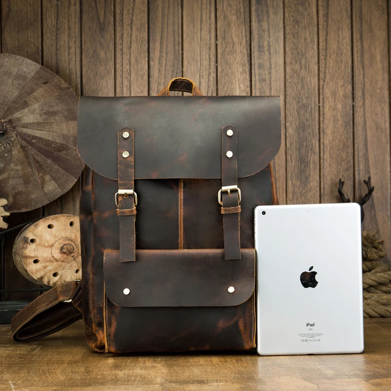 Handmade Genuine Leather Backpack Outdoor Travel Cowhide Laptop Bag Men Vintage Crazy Horse Leather Knapsack Casual Rucksack