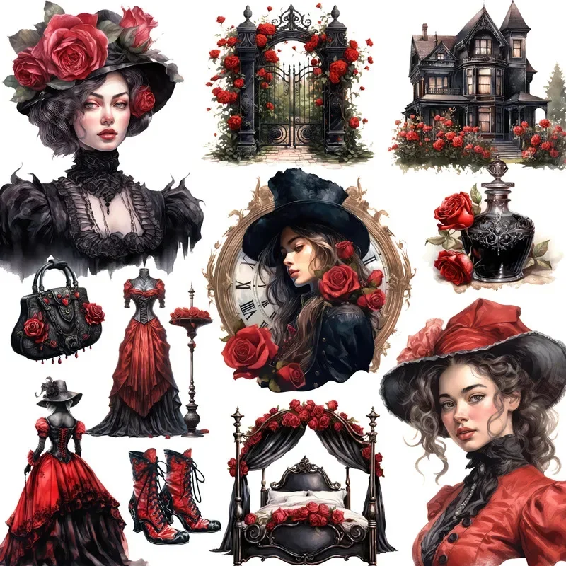 

16Pcs/Pack Victoria Black Rose Sticker DIY Craft Scrapbooking Album Junk Journal Decorative Stickers