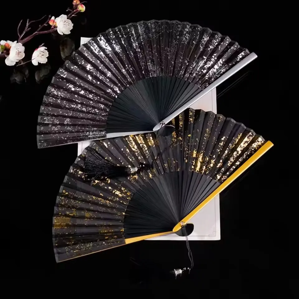 Black And Gold Folding fan Silk Fabric Graft Fan Baking Gold Stamping Fan Classical Hand Fans Weddings Chinese Luxury