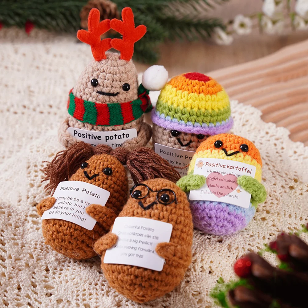 New Handmade Knitted Positive Energy Glasses Potatoes With Card Home Room Decoration Funny Woo lCrochet Potato Ornament Gifts