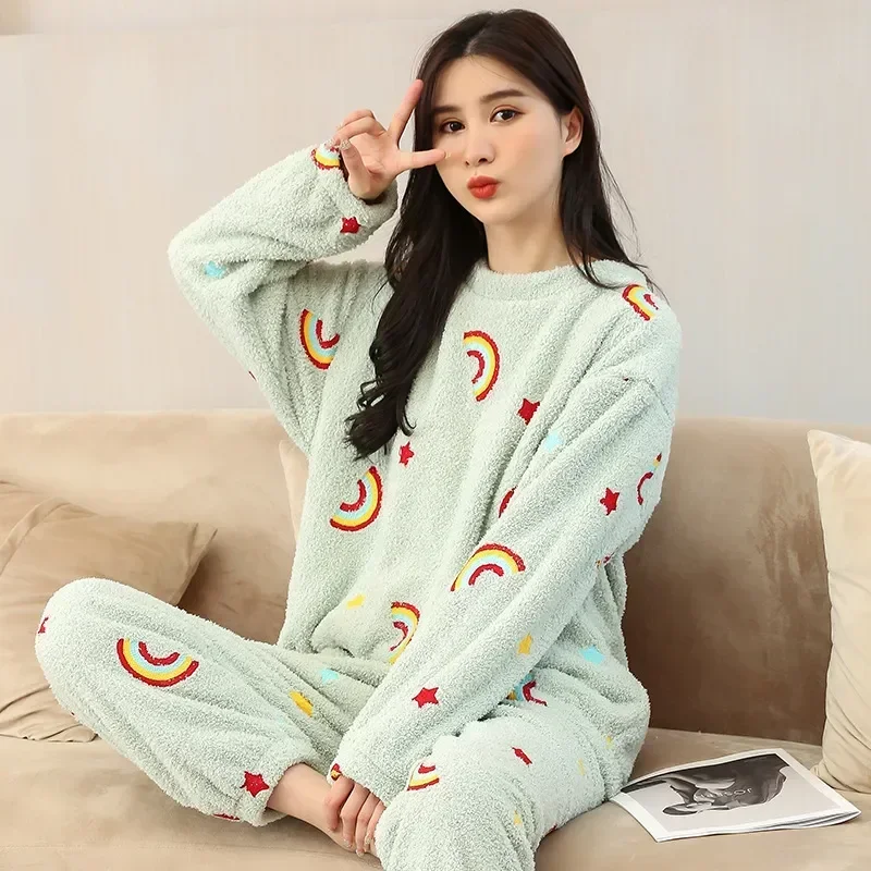 

Clothes, Warm 2 Fleece Winter Pajamas Autumn, Women's Set, Home Thick Sleepwear, Cartoon Neck Round 2023 Peices Set