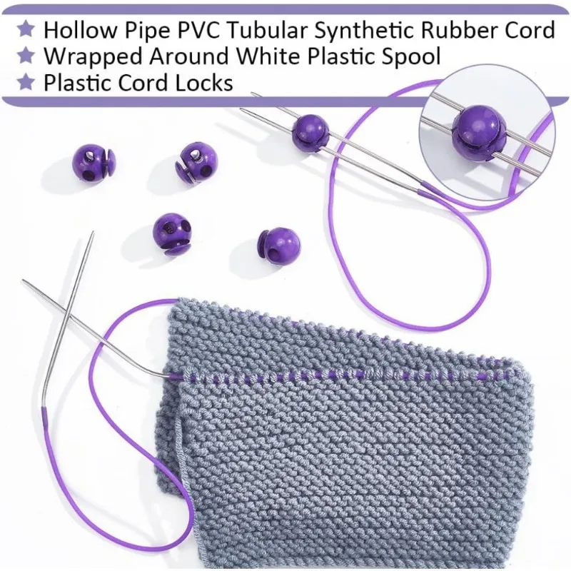 55 Yards Stitch Keeping Cords 2 mm Hollow Rubber Tubing Knitting Barber Cord Stitch Keeper with Plastic Cord Locks for Holding