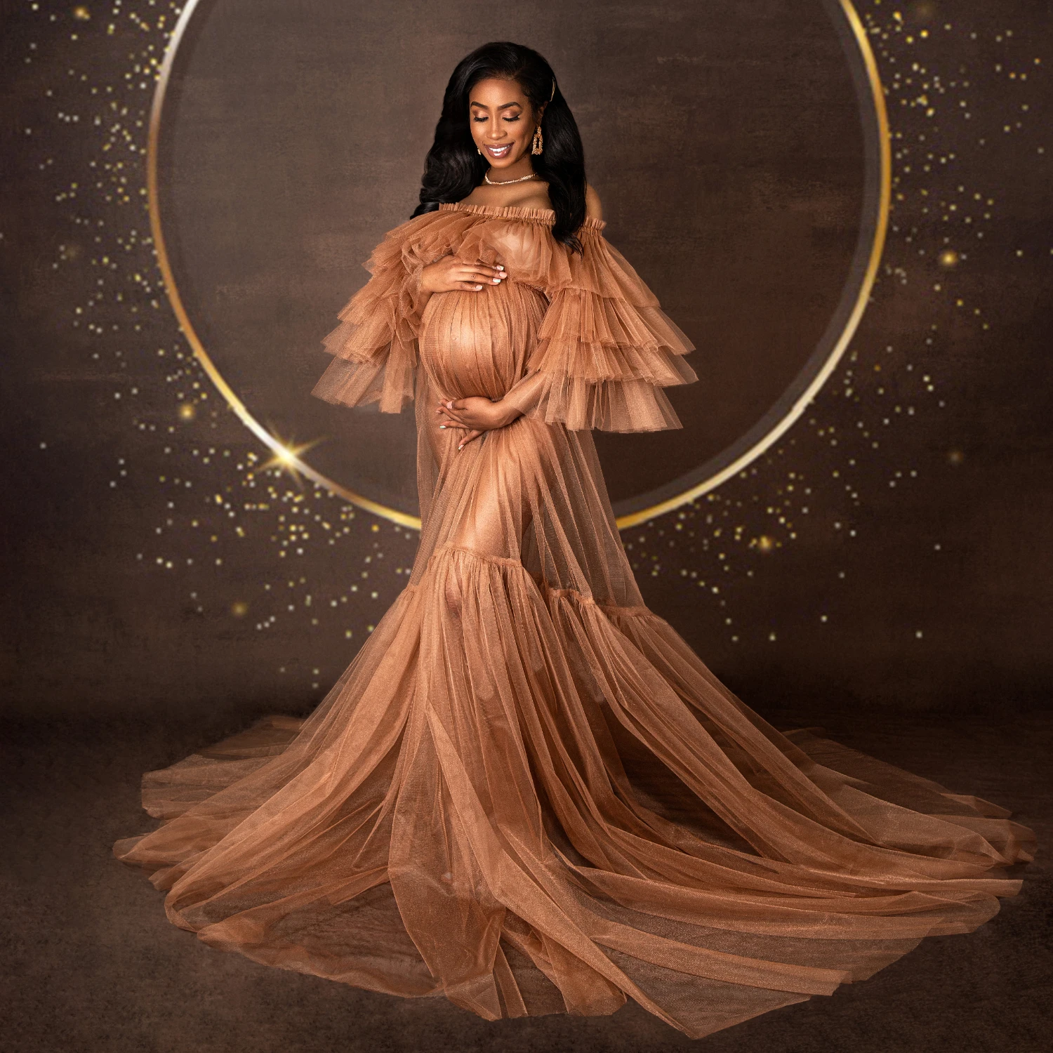 

Off Shoulder Maternity Robes for Photo Shoot Riered Ruffles A Line Tulle Pregnant Women Dresses Floor Length Babyshower Dresses