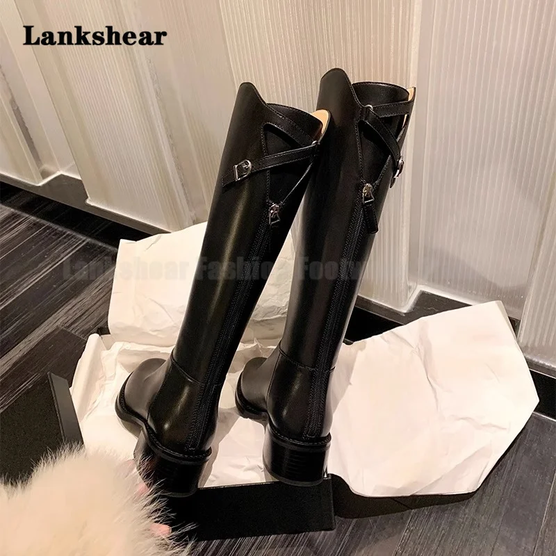 여성용 라운드 토 백 지퍼 롱 부츠, 두꺼운 힐, 나이트 부츠, 럭셔리 디자인, 리어 크로스 버클, 무릎 높이 부츠, 가을 겨울