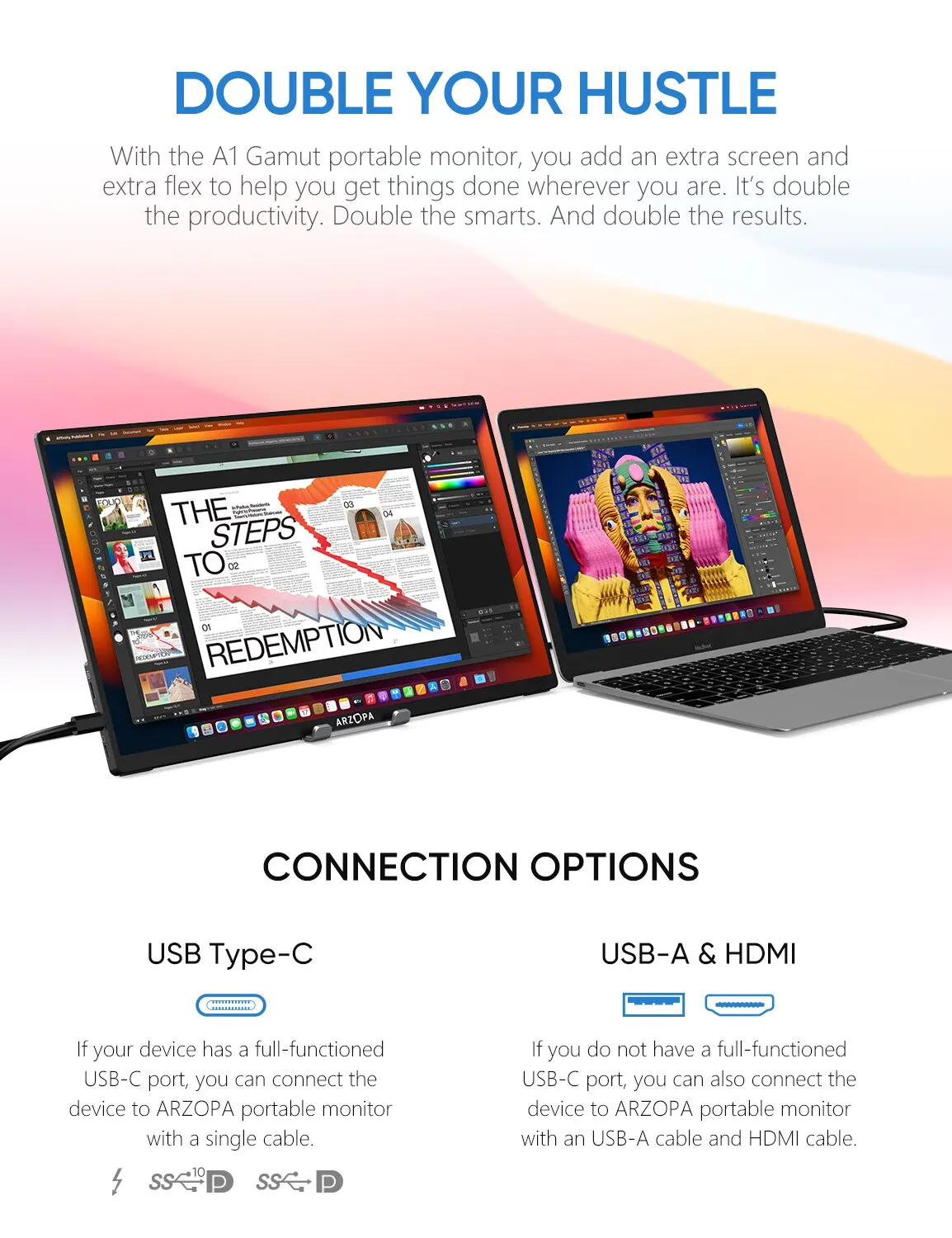 Фото Arzopa 15,6-дюймовый портативный монитор FHD 1080P IPS USB-C Mini-HDMI Внешний второй экран для Mac ноутбука ПК Android переключатель Xbox PS4/5 №2