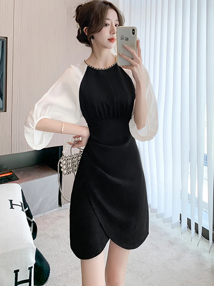 

2024 Black Patchowrk Short Sleeve Elegant Midi Dress Women Korean Vintage Hepburn Party Dress Summer Korean Bodycon New In Dress