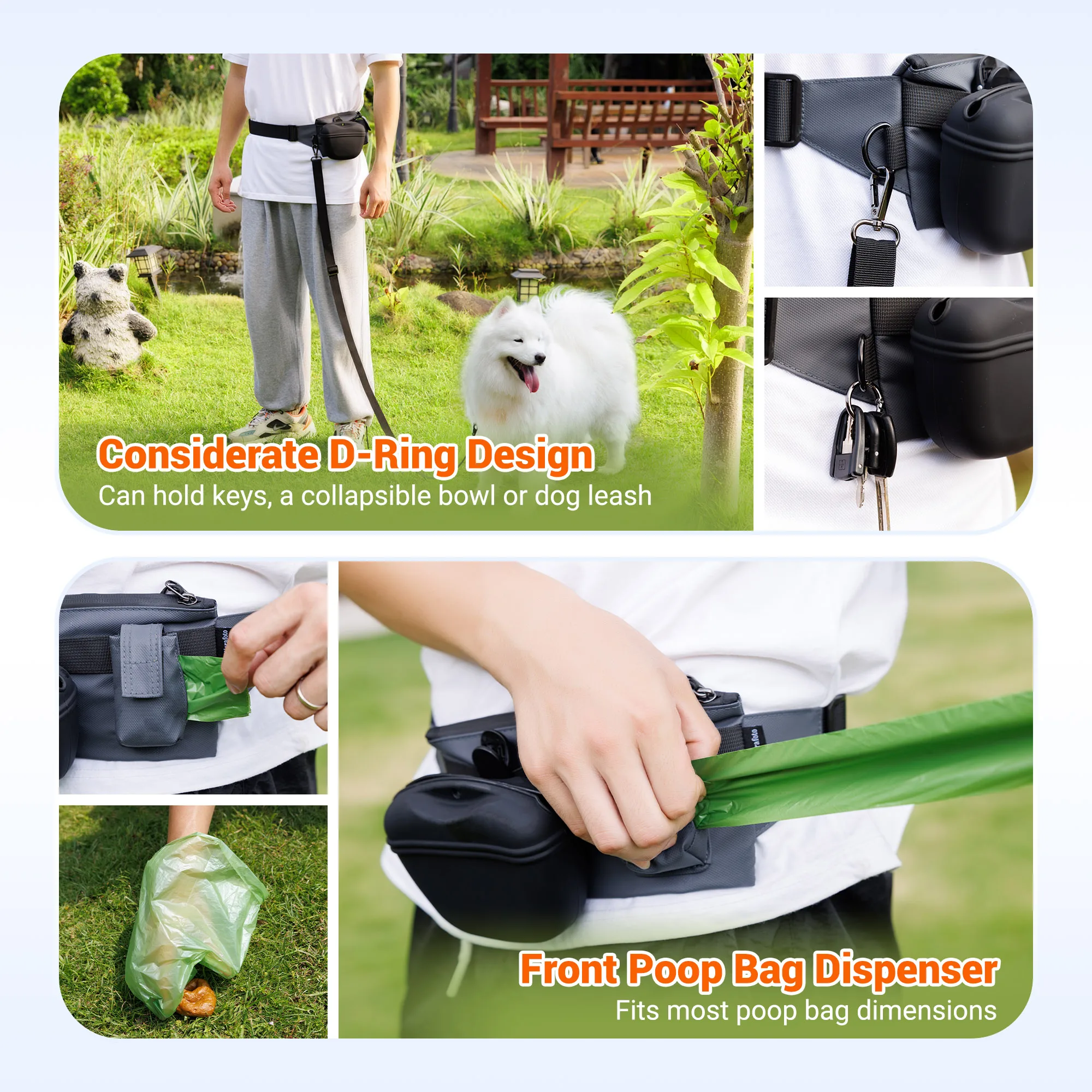Close-up views of the bag’s utility features: a "Considerate D-Ring Design" holding keys and a leash, and a "Front Poop Bag Dispenser" showing a hand easily pulling a green waste bag from a dedicated side pocket.