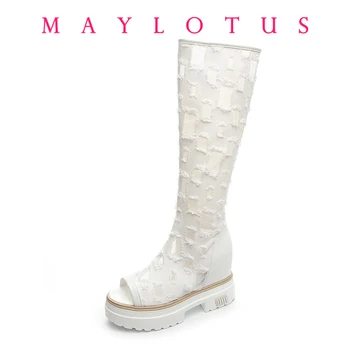 Summer New Thin Denim Canvas Thick-soled Boots Breathable Air Mesh Inner Heightening Cool Boots Women's All-match