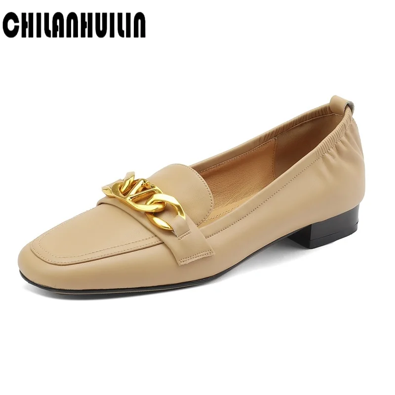 

fashion metal chains genuine leather shoes woman pumps thick heel shoes woman round toe OL shoes black nude dress shoes pumps