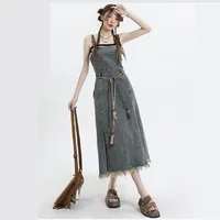 2026 Spring New Vintage Denim Skirt Matching Set Women's Elegant Loose Hollow Knitted Shirt+Sexy Split Dress Two Piece Suit - Image 4