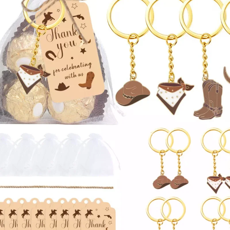 12 Sets Western Cowboy Party Favors For Guests Cowboy Boot Hat Keychain With White Organza Bags And Thank You Tags