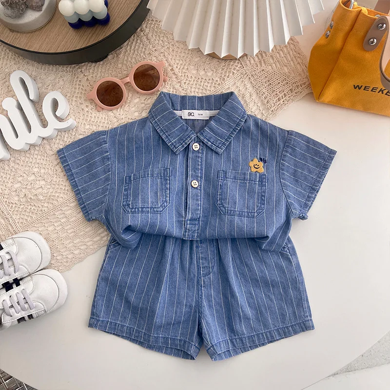 baby clothing set red	 Boys and girls short-sleeved denim shirts cardigan tops children's suits summer baby girl shorts suits fashion two-piece suit baby clothes in sets	