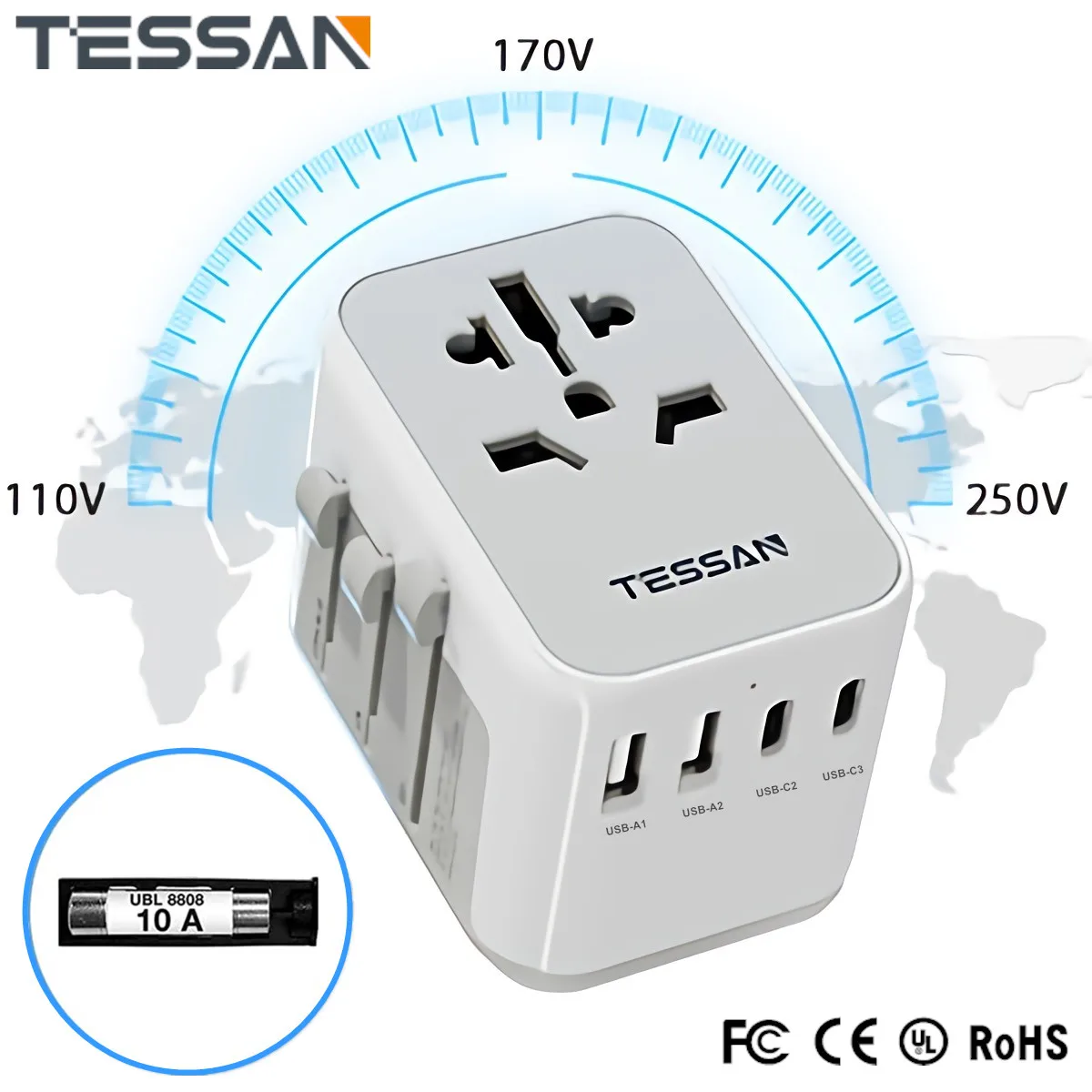 TESSANUniversalTravelAdapterInternationalPlugAdaptorwithUSBA