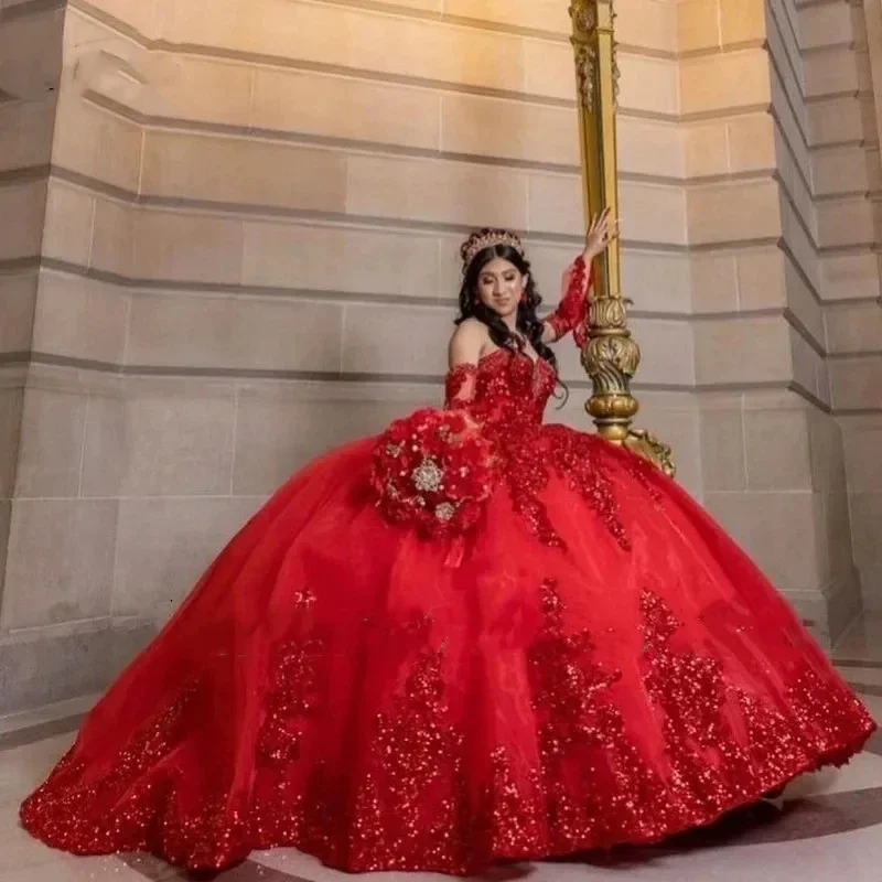

Красные платья для Quinceanera со съемными рукавами, блестящие тюлевые милые платья для Quinceanera 2023