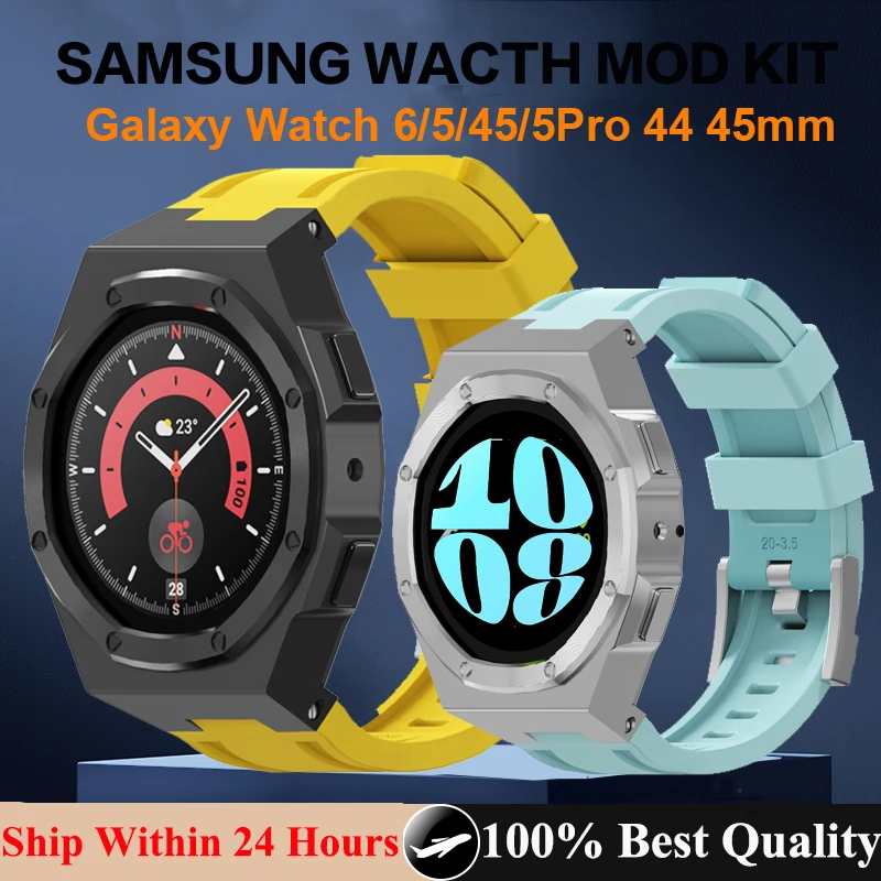 삼성 갤럭시 워치 5 프로용 개조 키트 케이스, 45mm 고무 팔찌, 삼성 갤럭시 워치 6 5 4 44mm DIY 모드 키트 삼성 갤럭시 워치 5 프로용 개조 키트 케이스, 45mm 고무 팔찌, 삼성 갤럭시 워치 6 5 4 44mm DIY 모드 키트