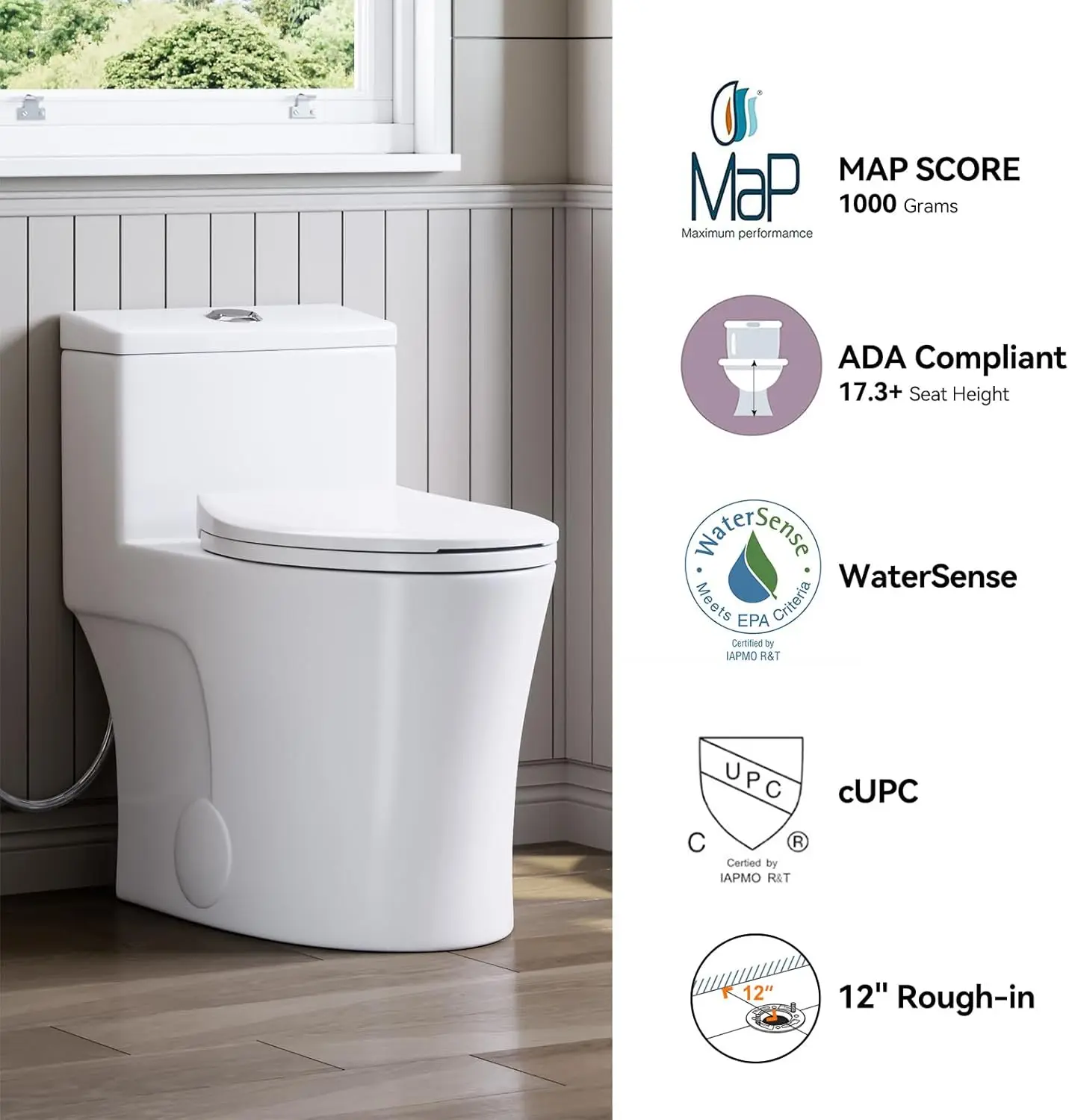 Elongated One Piece Toilet Matte White, ADA Toilet 17.3" with Comfort Chair Height Seat, 0.8/1.28 GPF Powerful Dual Flush 4