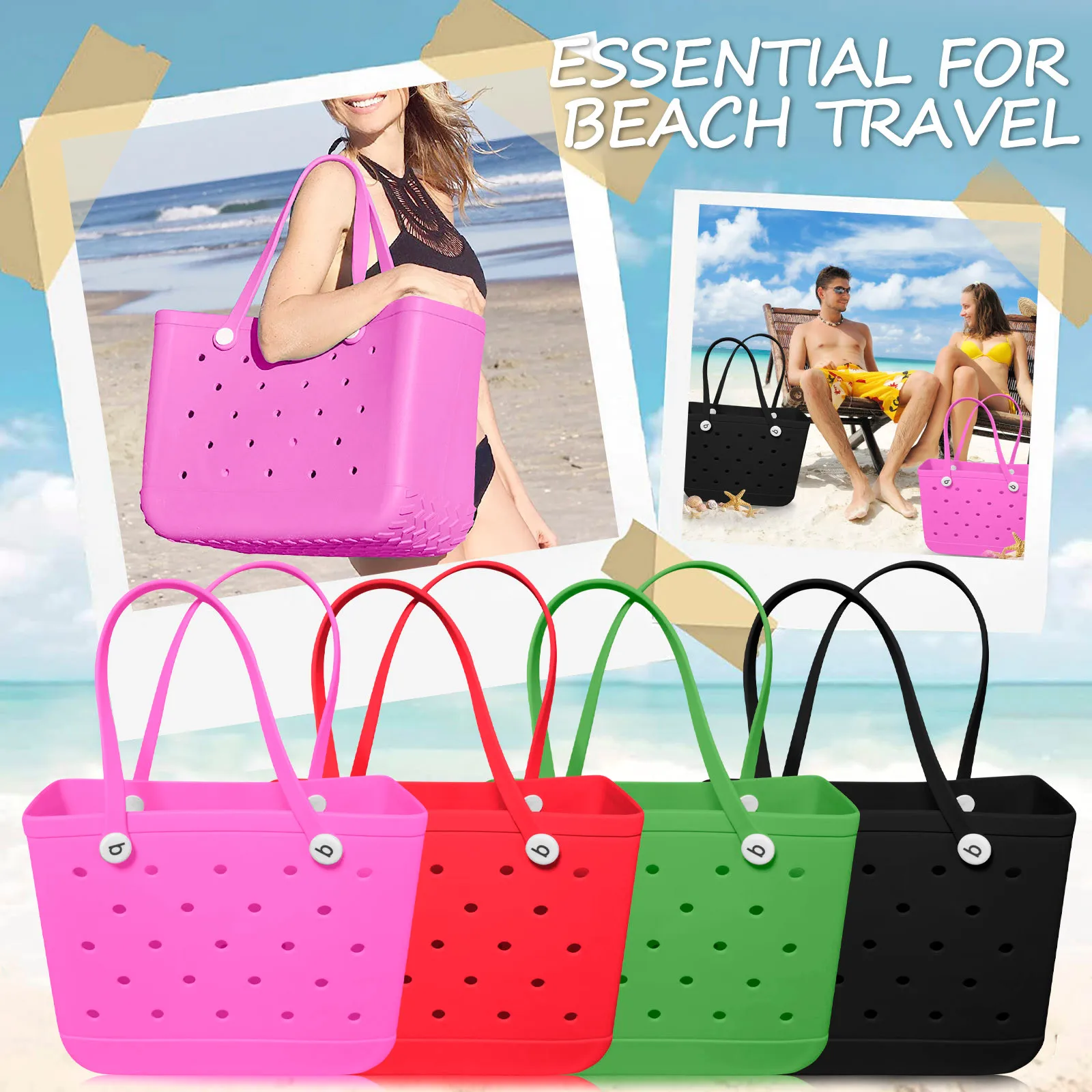 Large Rubber Tote Bag With Waterproof Zipper Pocket | Easy To Clean EVA  Rubber Beach Bag With Holes | Beach Bags For Women