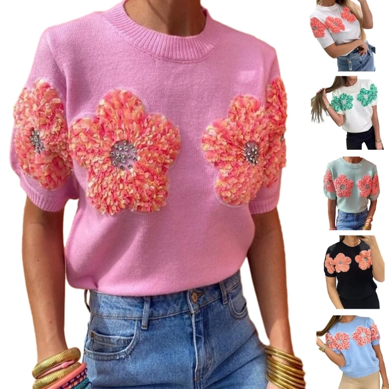 

Fashion Women 3D Flower Knitted Sweater Elegant Lady Round Neck Short Sleeved Pullover Tops Female Outfit