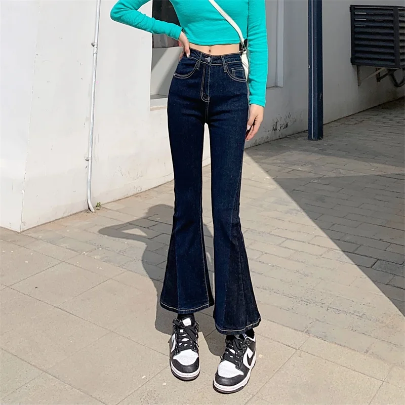 봄과 가을 부츠레그 팬츠 여성용 하이 웨이스트 슬리밍 디자인 센스 틈새 플러스 사이즈 팻 mm 레트로 홍콩 풍미 카프리 청바지, 봄과 가을