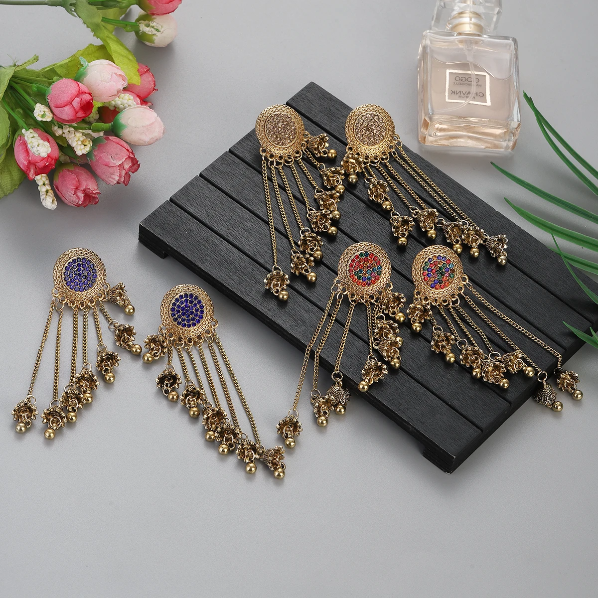 2024 Retro Long Tassel Earrings Women Gold Color Female Round Crystal Chain Bell Drop Earrings Indian Jewelry Accessories Gift