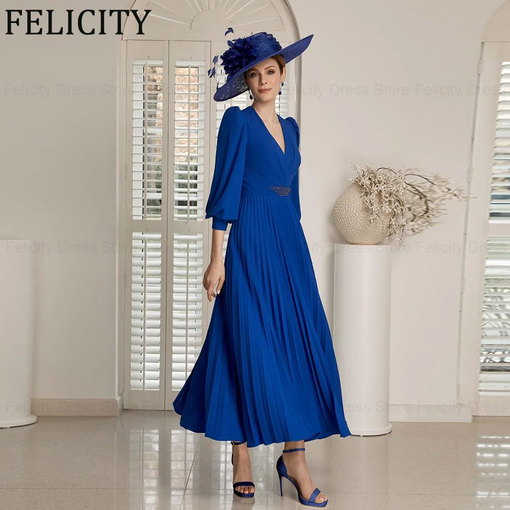 

FELICITY Chiffon Mother of the Bride Dresses 2024 A-Line V-Neck Wedding Guest Dresses Ankle-Length Beading Pleated Evening Gowns