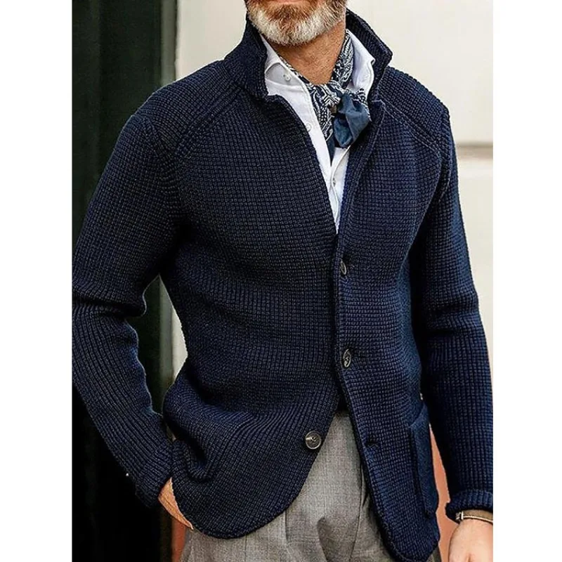 

Men Stand Collar Knitted Sweater Coat Long Sleeves Cardigan Slim Fit Jacket Thick Warm Buttons Cardigan Sweater Men Clothing