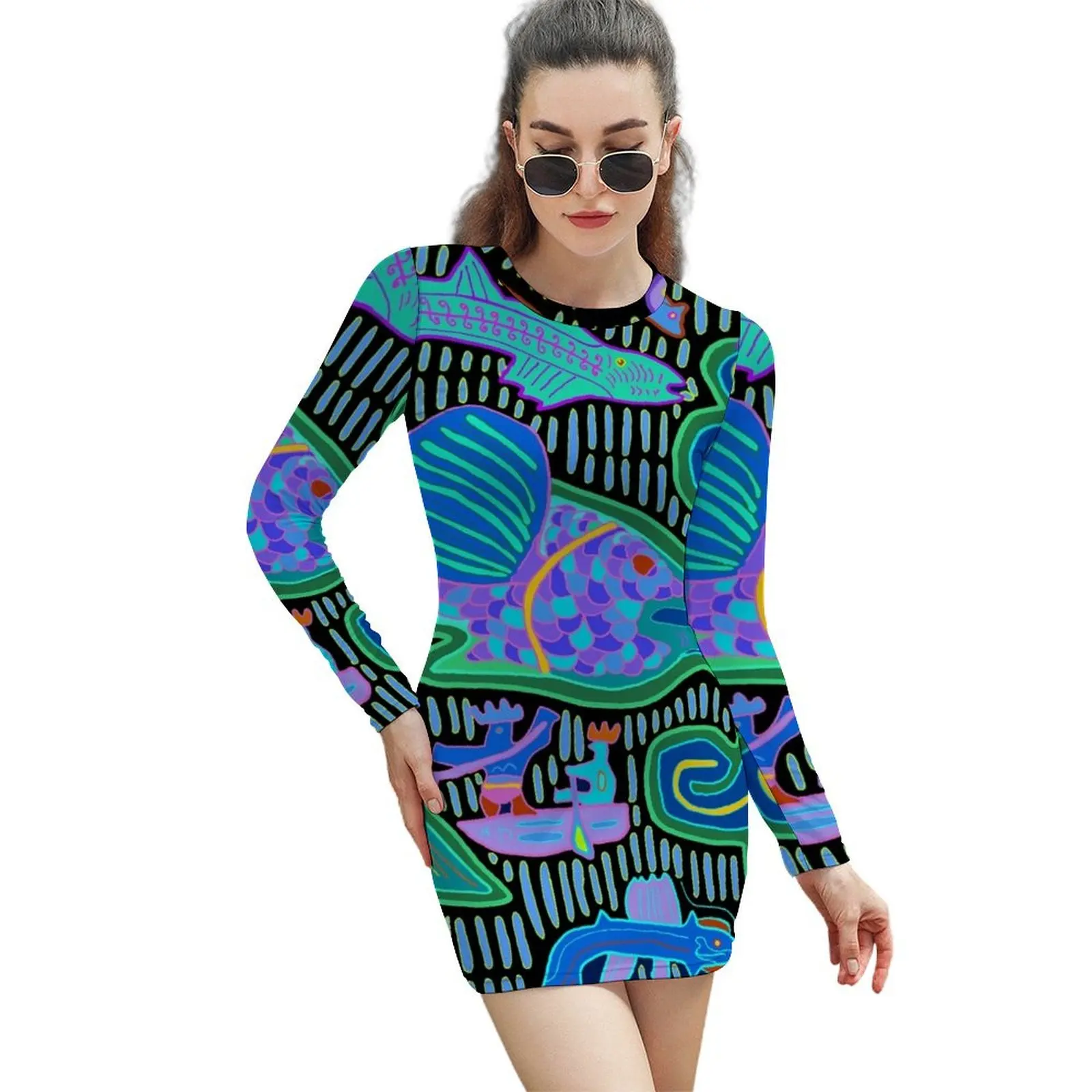 

Kuna Indian Octopus and Fishermen Long-Sleeved Sheath Dress Party dresses elegant party dress for women 2024