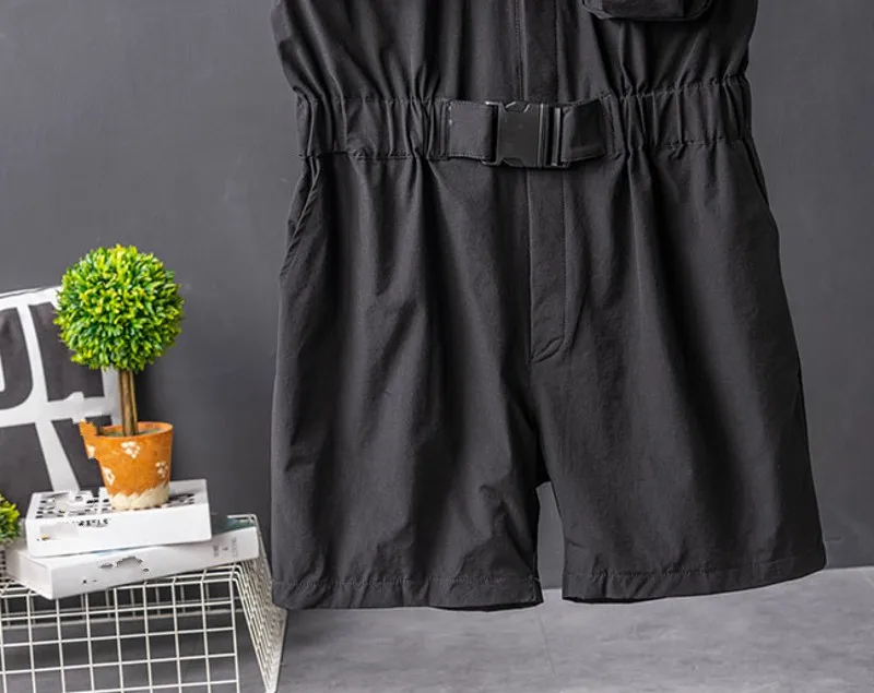 Summer New Hip Hop Casual Mens Shorts Jumpsuits Short Sleeve Jackets Sets Overalls Slim Black Pockets Male Knee Length Playsuit mens casual shorts