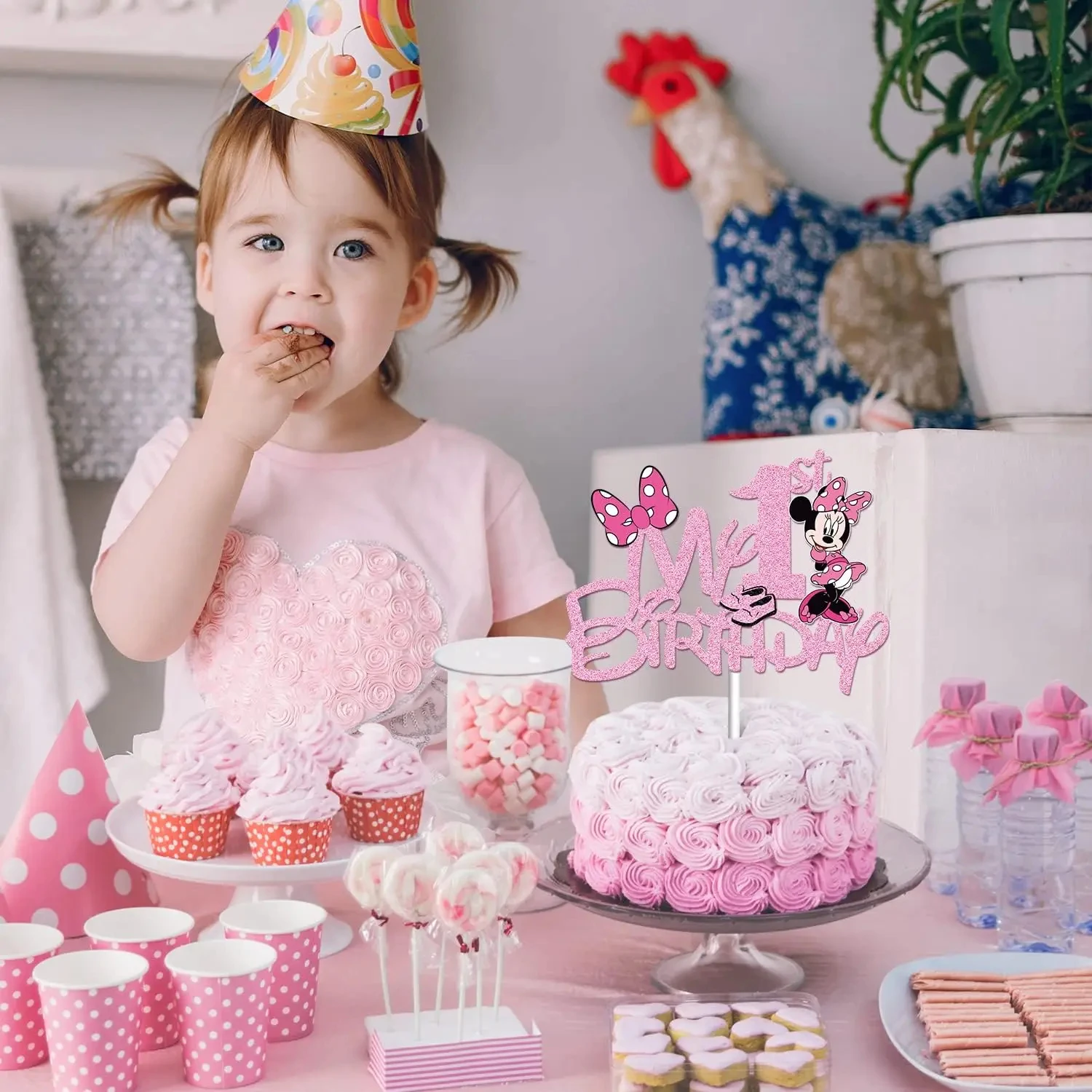 Decoraciones para pastel de Minnie Mouse rosa para niños, Mickey y Minnie  Mouse para adorno para pastel de fiesta de cumpleaños, suministros de  bandera para pastel de Baby Shower, 1 año de edad - ..., image size:1500x1500