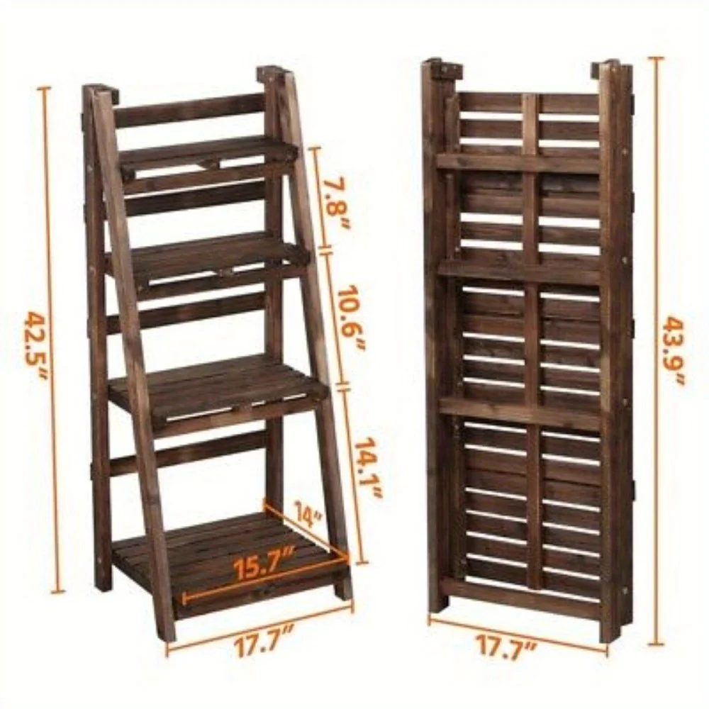 4-Tier Wooden Plant Stands Foldable Ladder Shelf Flower Display Indoors Outdoors