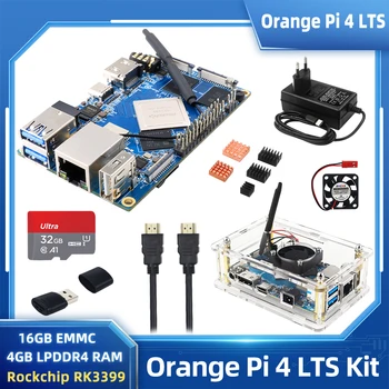 Orange Pi 4 LTS 4GB RAM Rockchip RK3399 16GB EMMC Wifi+BT5.0 Optional Acrylic Case Fan Power Supply Heatsinks for OPI 4 LTS 1