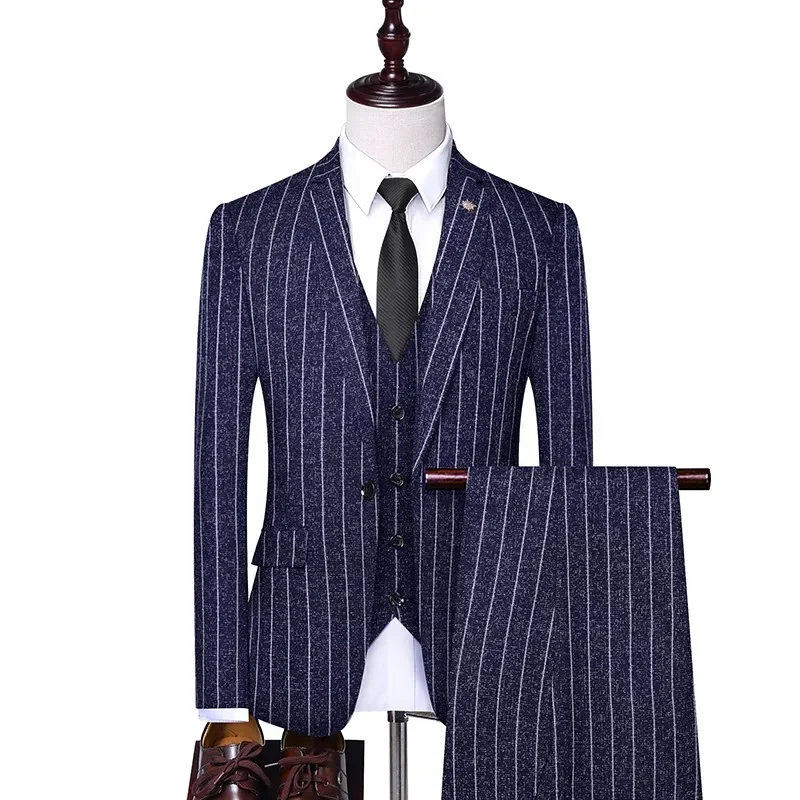 Formal Suit (suit + Vest + Trousers) Single Button Fashion Business Vertical Stripe Gentleman Suit Korean Suit Three-piece